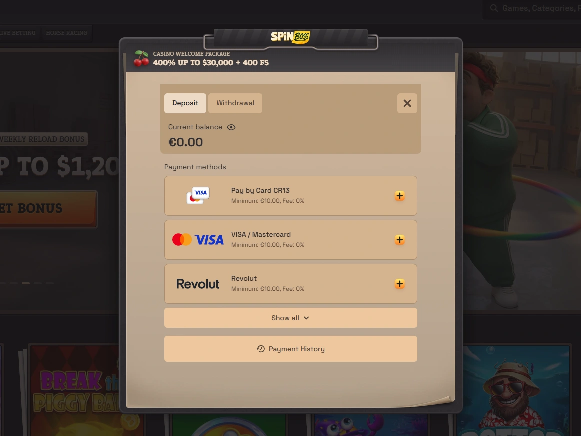 Page du caissier affichant l'onglet dépôt avec solde à 0,00 € et méthodes de paiement disponibles